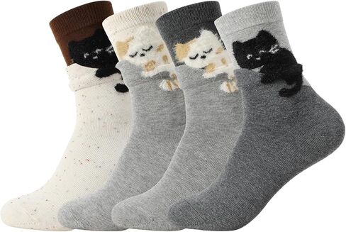 4 Pairs Womens Cat Socks, Cute Animal Socks Cotton Crew Sock Novelty Gifts for Women Animal Lovers in Saudi Arabia