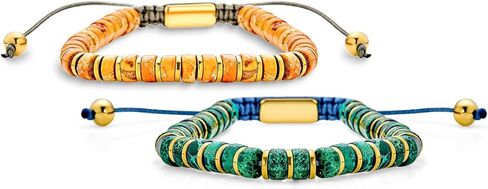 Boho Natural Gemstone Blue Turquoise Black Brown Tiger Eye Red Lime Orange Jasper Green Jade Malachite Stones Chakra Stacking Bolo Bracelet Gold Plated Stainless Steel Rondel Tube Beads Cord 7-9" in Saudi Arabia