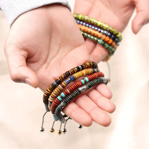 Boho Natural Gemstone Blue Turquoise Black Brown Tiger Eye Red Lime Orange Jasper Green Jade Malachite Stones Chakra Stacking Bolo Bracelet Gold Plated Stainless Steel Rondel Tube Beads Cord 7-9" in Saudi Arabia