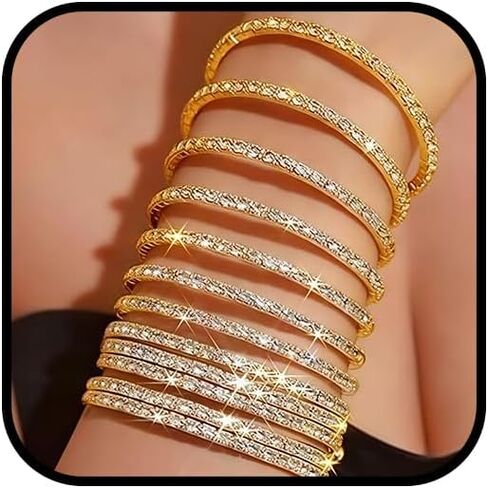 12PCS Silver Bling Rhinestone Bracelets Stack Sparkly Fake Diamond Bangles CZ Tennis Sparkle Crystal Stretch Bracelet Set for Women Wedding Costume Jewelry in Saudi Arabia