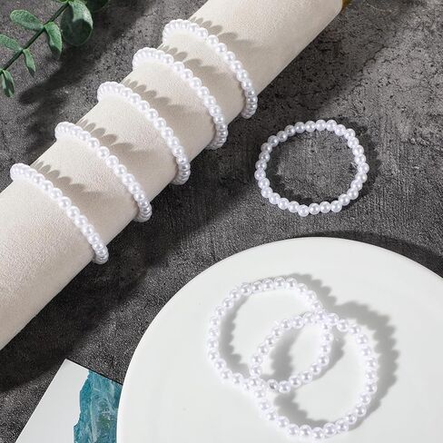 30Pcs White Pearl Bracelets for Women, 0.2'' Elastic Faux Pearl Bracelet Bulk, Bridal Fake Pearls Wrist Bands Beaded Bracelets, Stackable Pearls Bracelet Set for Bridesmaid Wedding Party Gifts in Saudi Arabia