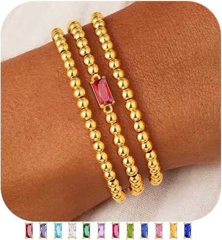 M MOOHAM Easter Gifts for Women Easter Basket Stuffers - Birthstone Bracelet Dainty 14K-Gold-Plated Beaded CZ Bracelets Set Elastic Bracelet Stack Trendy Birthday Jewelry Gifts for Women in Saudi Arabia
