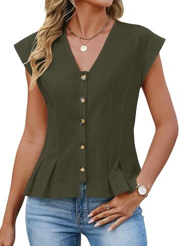 Womens V Neck Crop Tank Tops Cap Sleeve Spring Summer Blouse Button Down Shirts Going Out Vests Top Trendy 2026 in Saudi Arabia