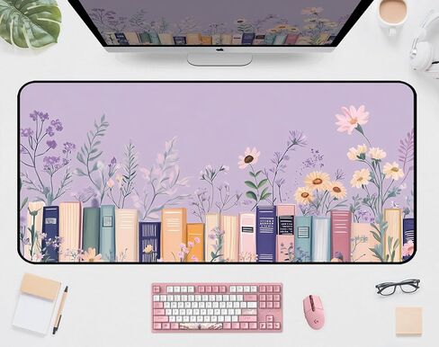 Purple Book Desk Pad Mat XXL, Lavender Flower Large Mousepad, Game Desk Mat, Extended Laptop Keyboard Mats, Cute Desktop Protection Pad, Women's Home Office Desk Decoration 31.5"X15.7" in Saudi Arabia