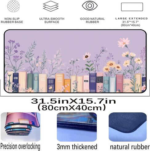Purple Book Desk Pad Mat XXL, Lavender Flower Large Mousepad, Game Desk Mat, Extended Laptop Keyboard Mats, Cute Desktop Protection Pad, Women's Home Office Desk Decoration 31.5"X15.7" in Saudi Arabia