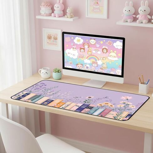 Purple Book Desk Pad Mat XXL, Lavender Flower Large Mousepad, Game Desk Mat, Extended Laptop Keyboard Mats, Cute Desktop Protection Pad, Women's Home Office Desk Decoration 31.5"X15.7" in Saudi Arabia