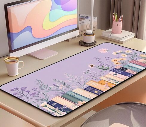 Purple Book Desk Pad Mat XXL, Lavender Flower Large Mousepad, Game Desk Mat, Extended Laptop Keyboard Mats, Cute Desktop Protection Pad, Women's Home Office Desk Decoration 31.5"X15.7" in Saudi Arabia