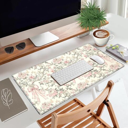 حصيرة مكتب الأزهار خمر Chinoiserie لوحة الماوس الكبيرة Coquette الجمالية مكتب ديكور زهرة الوردي القوس لوحة الألعاب Cottagecore مكتب ديكور 31.5x15.7 في in Kuwait