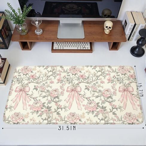 حصيرة مكتب الأزهار خمر Chinoiserie لوحة الماوس الكبيرة Coquette الجمالية مكتب ديكور زهرة الوردي القوس لوحة الألعاب Cottagecore مكتب ديكور 31.5x15.7 في in Kuwait