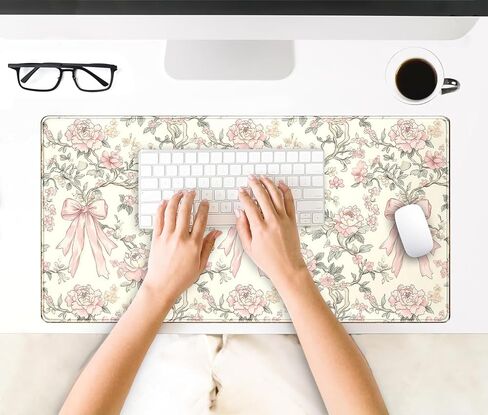 حصيرة مكتب الأزهار خمر Chinoiserie لوحة الماوس الكبيرة Coquette الجمالية مكتب ديكور زهرة الوردي القوس لوحة الألعاب Cottagecore مكتب ديكور 31.5x15.7 في in Kuwait
