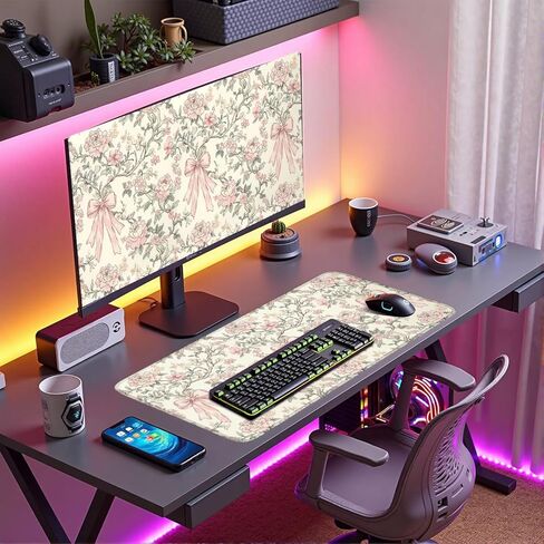 حصيرة مكتب الأزهار خمر Chinoiserie لوحة الماوس الكبيرة Coquette الجمالية مكتب ديكور زهرة الوردي القوس لوحة الألعاب Cottagecore مكتب ديكور 31.5x15.7 في in Kuwait