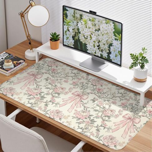 حصيرة مكتب الأزهار خمر Chinoiserie لوحة الماوس الكبيرة Coquette الجمالية مكتب ديكور زهرة الوردي القوس لوحة الألعاب Cottagecore مكتب ديكور 31.5x15.7 في in Kuwait