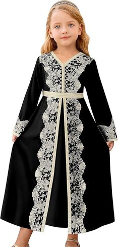 OBEEII Kids Girls Muslim Eid Ramadan Abaya Long Sleeve V Neck Lace Prayer Dress Middle East Arabic Kaftan Dress with Belt in Saudi Arabia