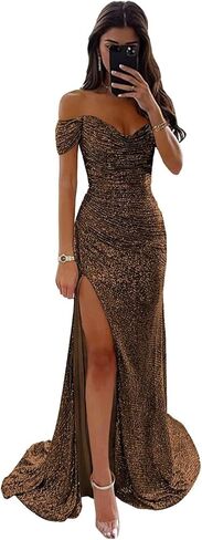 Off The Shoulder Sequin Prom Dresses with Slit Pleated Mermaid Bodycon Maxi Formal Party Dress in Saudi Arabia