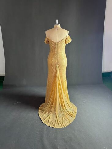 Off The Shoulder Sequin Prom Dresses with Slit Pleated Mermaid Bodycon Maxi Formal Party Dress in Saudi Arabia