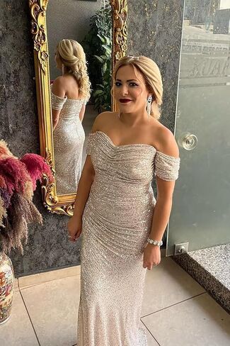 Off The Shoulder Sequin Prom Dresses with Slit Pleated Mermaid Bodycon Maxi Formal Party Dress in Saudi Arabia
