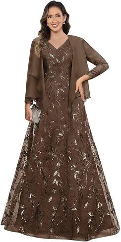 2 Piece Mother of The Bride Dresses with Jacket Sparkly Sequin Long Sleeve A Line Formal Wedding Guest Dress in Kuwait