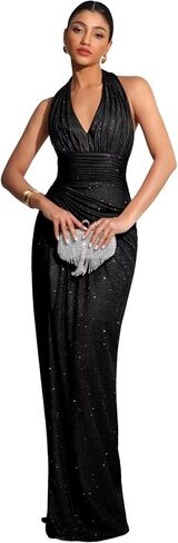 Sparkly Satin Halter Prom Dresses 2026 for Women Long Pleated Mermaid Formal Evening Gown with Slit in Kuwait