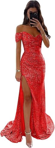 Off The Shoulder Sequin Prom Dresses with Slit Pleated Mermaid Bodycon Maxi Formal Party Dress in Saudi Arabia