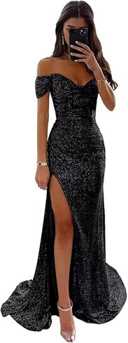 Off The Shoulder Sequin Prom Dresses with Slit Pleated Mermaid Bodycon Maxi Formal Party Dress in Saudi Arabia