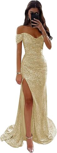 Off The Shoulder Sequin Prom Dresses with Slit Pleated Mermaid Bodycon Maxi Formal Party Dress in Saudi Arabia