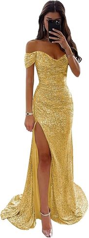 Off The Shoulder Sequin Prom Dresses with Slit Pleated Mermaid Bodycon Maxi Formal Party Dress in Saudi Arabia