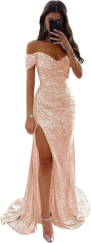 Off The Shoulder Sequin Prom Dresses with Slit Pleated Mermaid Bodycon Maxi Formal Party Dress in Saudi Arabia
