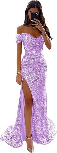 Off The Shoulder Sequin Prom Dresses with Slit Pleated Mermaid Bodycon Maxi Formal Party Dress in Saudi Arabia