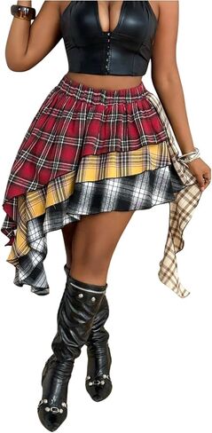 تنورة نسائية صغيرة منقوشة ومكشكشة بمقاس كبير من SOLY HUX Y2k تنانير بحاشية غير متماثلة بطبقات على شكل حرف A ملابس الشارع in Kuwait