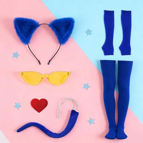 QLINLEAF Blue Cat Costumes Set Cat Ears Headband Gloves Tail for Women Halloween Cosplay in Saudi Arabia