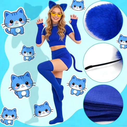 QLINLEAF Blue Cat Costumes Set Cat Ears Headband Gloves Tail for Women Halloween Cosplay in Saudi Arabia