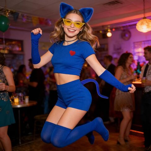 QLINLEAF Blue Cat Costumes Set Cat Ears Headband Gloves Tail for Women Halloween Cosplay in Saudi Arabia