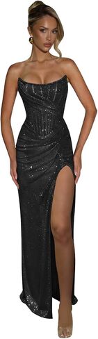 Strapless Prom Dress Sparkly Sequin Mermaid Pleated Sleeveless Corset Long Formal Evening Gown with Slit in Saudi Arabia