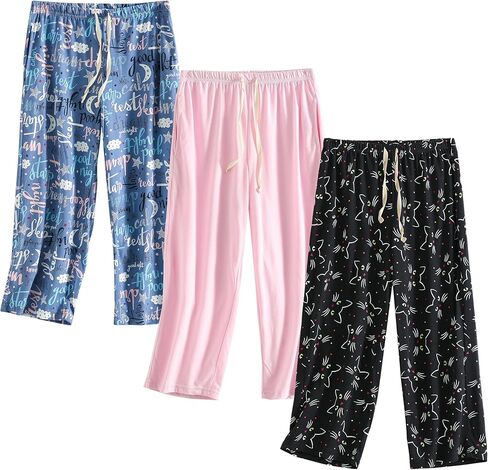 PNAEONG 3 Pack Women Pajama Pants Capri Length Drawstring Pj Bottoms Sleep Lounge Pants with Pockets S-3XL in Kuwait