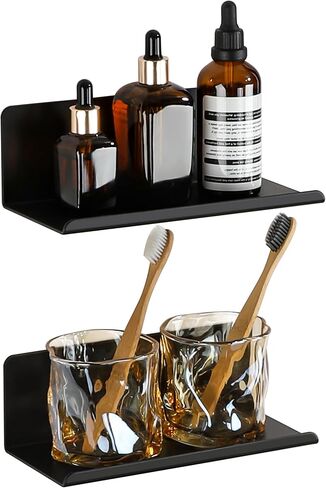 SAYAYO Black Floating Shelves for Wall Storage, 8 Inch Screw or Self Adhesive Wall Shelves for Bedroom Decor, Small Display Bathroom Shelf Organizer for Kitchen, Living Room, Office, 2pcs in Saudi Arabia