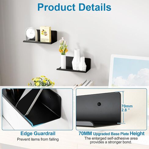 SAYAYO Black Floating Shelves for Wall Storage, 8 Inch Screw or Self Adhesive Wall Shelves for Bedroom Decor, Small Display Bathroom Shelf Organizer for Kitchen, Living Room, Office, 2pcs in Saudi Arabia