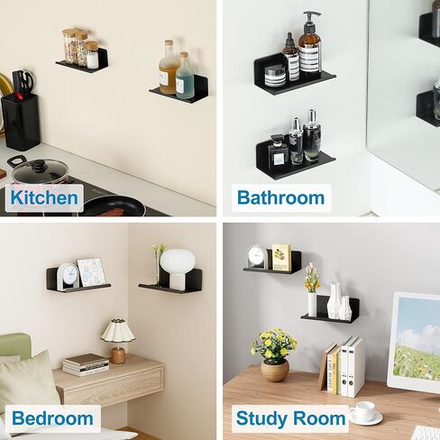 SAYAYO Black Floating Shelves for Wall Storage, 8 Inch Screw or Self Adhesive Wall Shelves for Bedroom Decor, Small Display Bathroom Shelf Organizer for Kitchen, Living Room, Office, 2pcs in Saudi Arabia