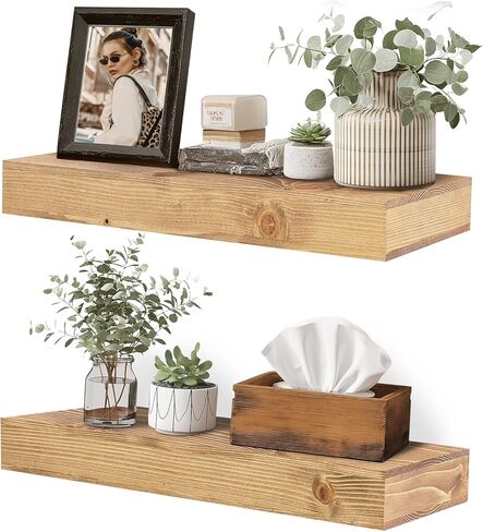 17x6.8x2 Inch Rustic Floating Shelves for Wall Set of 2 - Oak Solid Wood Wall Mounted Shelves with Invisible Bracket, Compact Design for Farmhouse Living Room Bedroom Kitchen Decor in Saudi Arabia