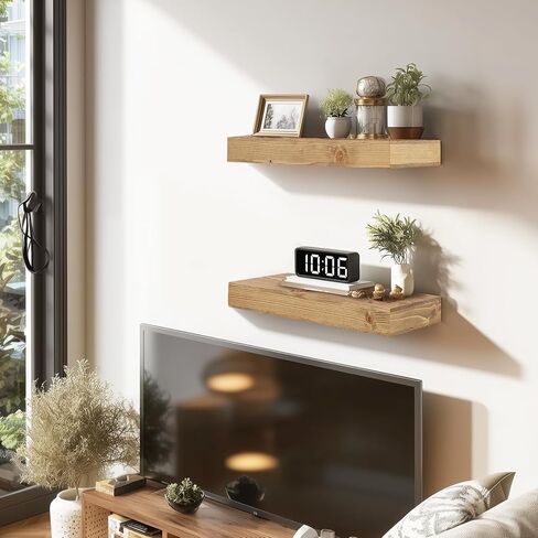 17x6.8x2 Inch Rustic Floating Shelves for Wall Set of 2 - Oak Solid Wood Wall Mounted Shelves with Invisible Bracket, Compact Design for Farmhouse Living Room Bedroom Kitchen Decor in Saudi Arabia