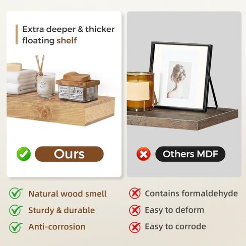 17x6.8x2 Inch Rustic Floating Shelves for Wall Set of 2 - Oak Solid Wood Wall Mounted Shelves with Invisible Bracket, Compact Design for Farmhouse Living Room Bedroom Kitchen Decor in Saudi Arabia