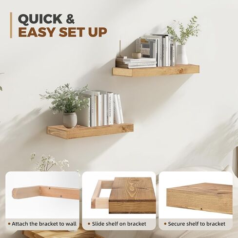 17x6.8x2 Inch Rustic Floating Shelves for Wall Set of 2 - Oak Solid Wood Wall Mounted Shelves with Invisible Bracket, Compact Design for Farmhouse Living Room Bedroom Kitchen Decor in Saudi Arabia