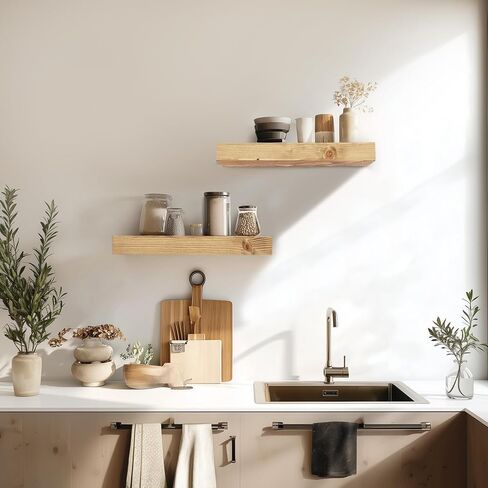 17x6.8x2 Inch Rustic Floating Shelves for Wall Set of 2 - Oak Solid Wood Wall Mounted Shelves with Invisible Bracket, Compact Design for Farmhouse Living Room Bedroom Kitchen Decor in Saudi Arabia
