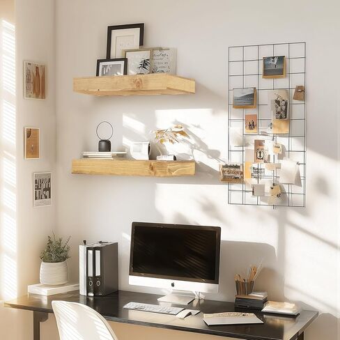 17x6.8x2 Inch Rustic Floating Shelves for Wall Set of 2 - Oak Solid Wood Wall Mounted Shelves with Invisible Bracket, Compact Design for Farmhouse Living Room Bedroom Kitchen Decor in Saudi Arabia