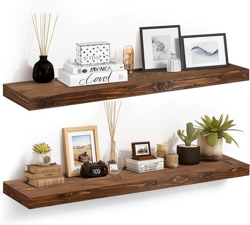 17x6.8x2 Inch Rustic Floating Shelves for Wall Set of 2 - Oak Solid Wood Wall Mounted Shelves with Invisible Bracket, Compact Design for Farmhouse Living Room Bedroom Kitchen Decor in Saudi Arabia