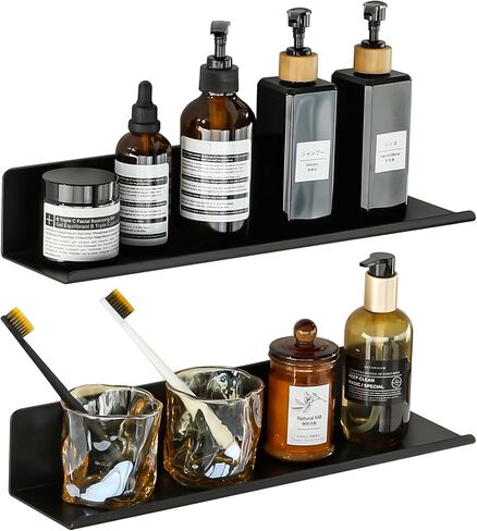 SAYAYO Black Floating Shelves for Wall Storage, 8 Inch Screw or Self Adhesive Wall Shelves for Bedroom Decor, Small Display Bathroom Shelf Organizer for Kitchen, Living Room, Office, 2pcs in Saudi Arabia