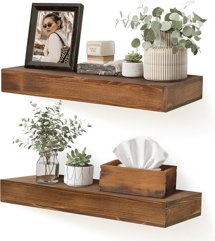 17x6.8x2 Inch Rustic Floating Shelves for Wall Set of 2 - Oak Solid Wood Wall Mounted Shelves with Invisible Bracket, Compact Design for Farmhouse Living Room Bedroom Kitchen Decor in Saudi Arabia