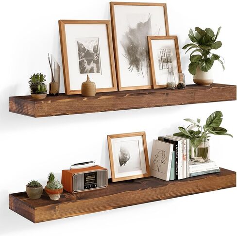 17x6.8x2 Inch Rustic Floating Shelves for Wall Set of 2 - Oak Solid Wood Wall Mounted Shelves with Invisible Bracket, Compact Design for Farmhouse Living Room Bedroom Kitchen Decor in Saudi Arabia
