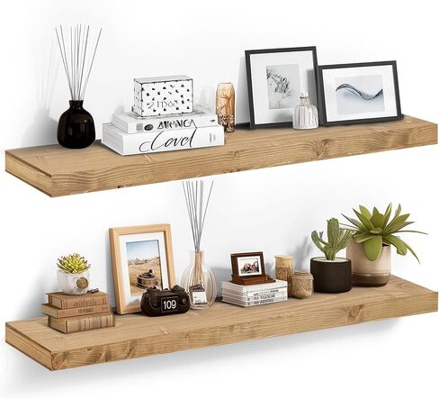 17x6.8x2 Inch Rustic Floating Shelves for Wall Set of 2 - Oak Solid Wood Wall Mounted Shelves with Invisible Bracket, Compact Design for Farmhouse Living Room Bedroom Kitchen Decor in Saudi Arabia