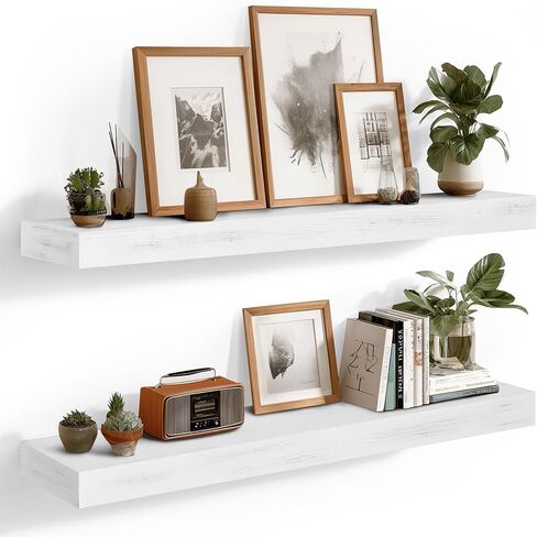 17x6.8x2 Inch Rustic Floating Shelves for Wall Set of 2 - Oak Solid Wood Wall Mounted Shelves with Invisible Bracket, Compact Design for Farmhouse Living Room Bedroom Kitchen Decor in Saudi Arabia