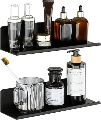 SAYAYO Black Floating Shelves for Wall Storage, 8 Inch Screw or Self Adhesive Wall Shelves for Bedroom Decor, Small Display Bathroom Shelf Organizer for Kitchen, Living Room, Office, 2pcs in Saudi Arabia